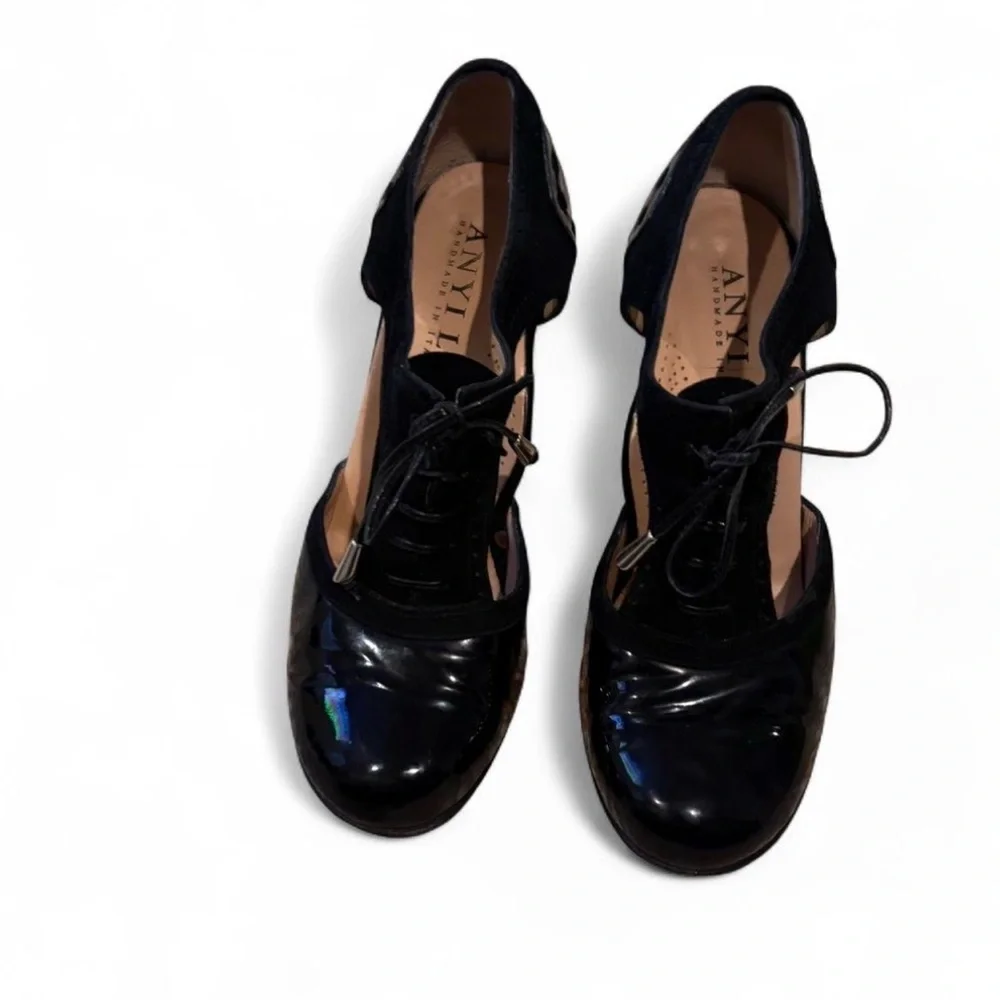 Anyi Lu Handmade Italy Black Patent Suede Lace-Up Oxford Block Heel Brogue Pump